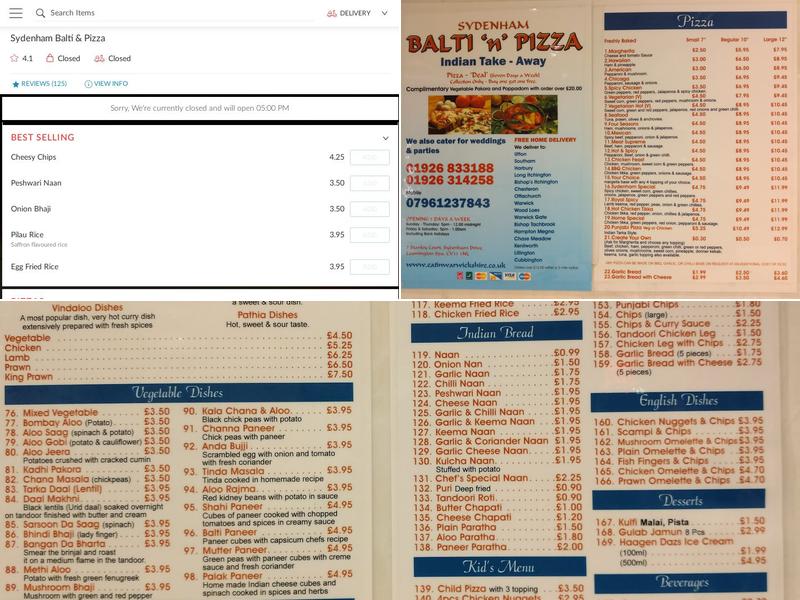 Sydenham Balti & Pizza Menu