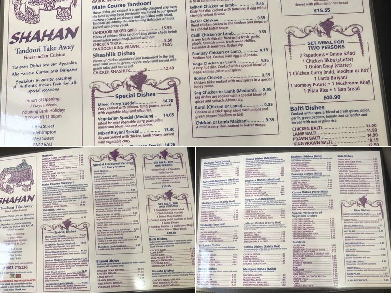 Shahan Tandoori Menu