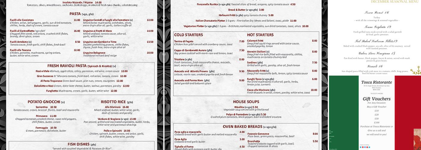 Tosca Pizza Bar and Grill Menu