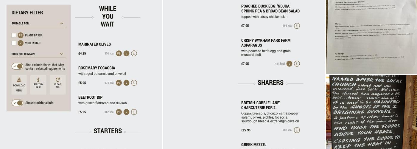 The Five Bells, Leighton Buzzard Menu