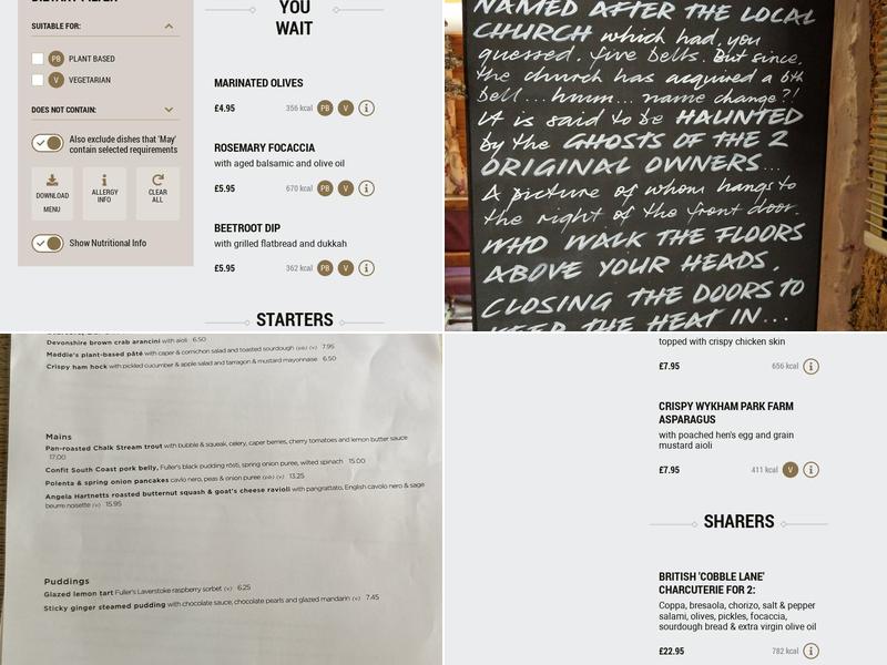 The Five Bells, Leighton Buzzard Menu