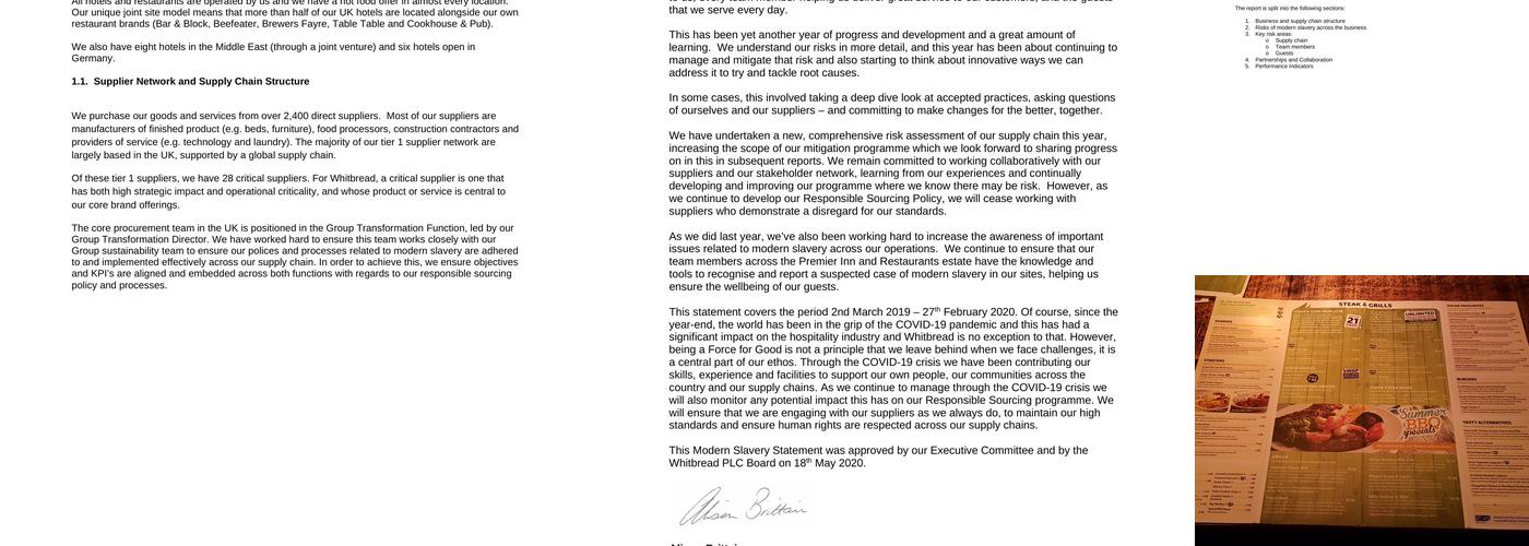 Premier Inn Bagshot hotel Menu