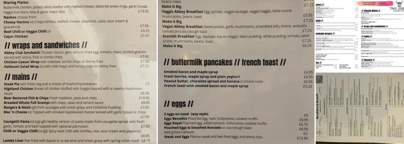 The Abbey Menu
