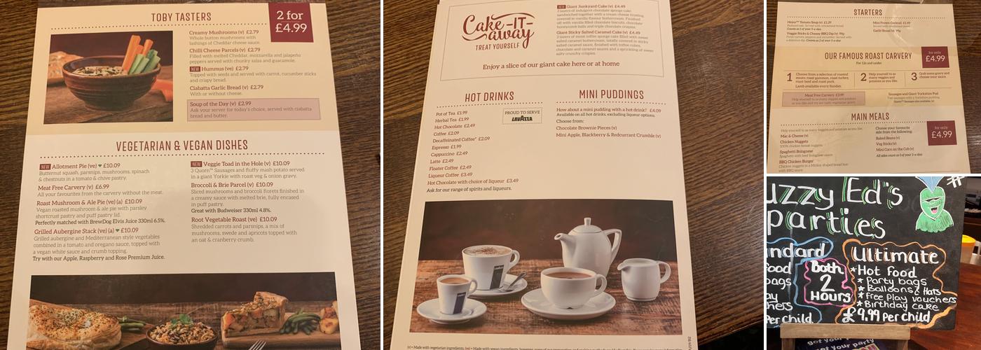 Toby Carvery Cocket Hat Menu
