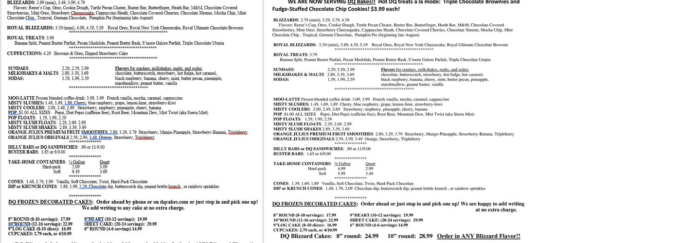 Dairy Queen Menu