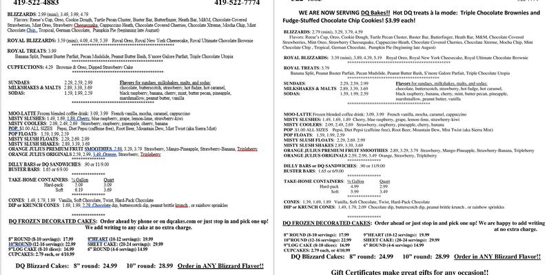 Dairy Queen Menu