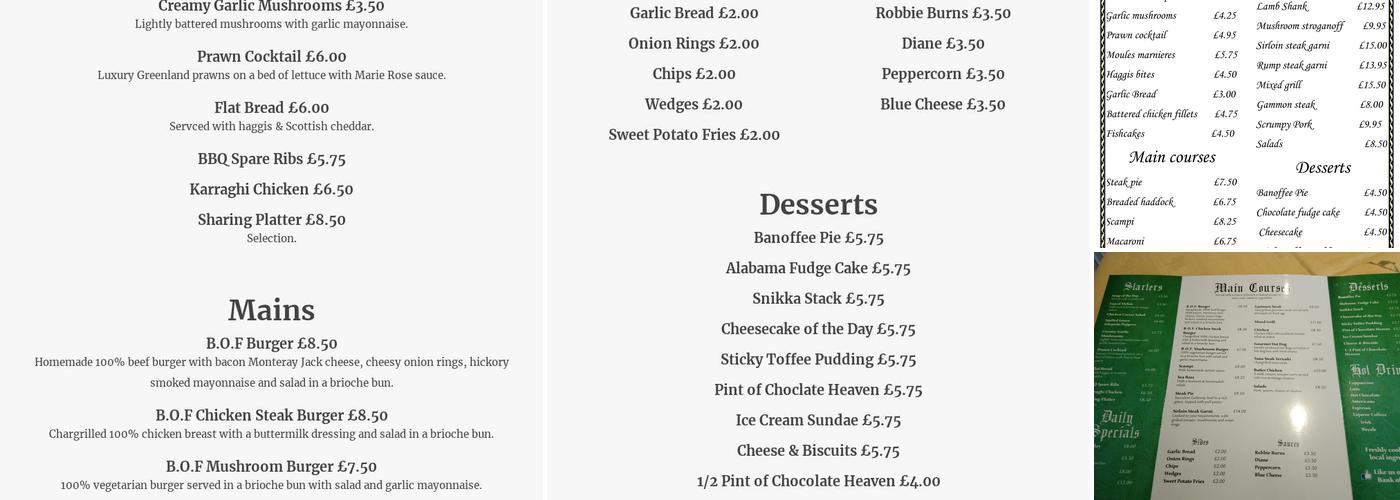 Bank of Fleet Hotel Menu