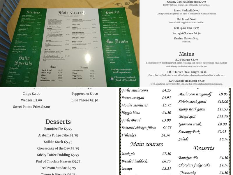 Bank of Fleet Hotel Menu