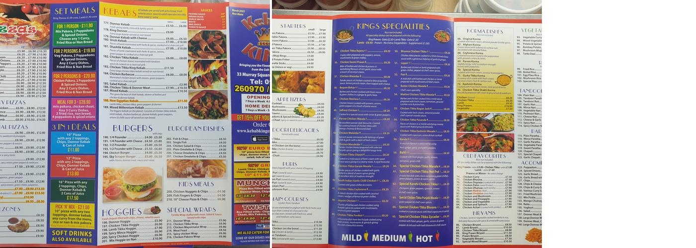 Kebab King Menu