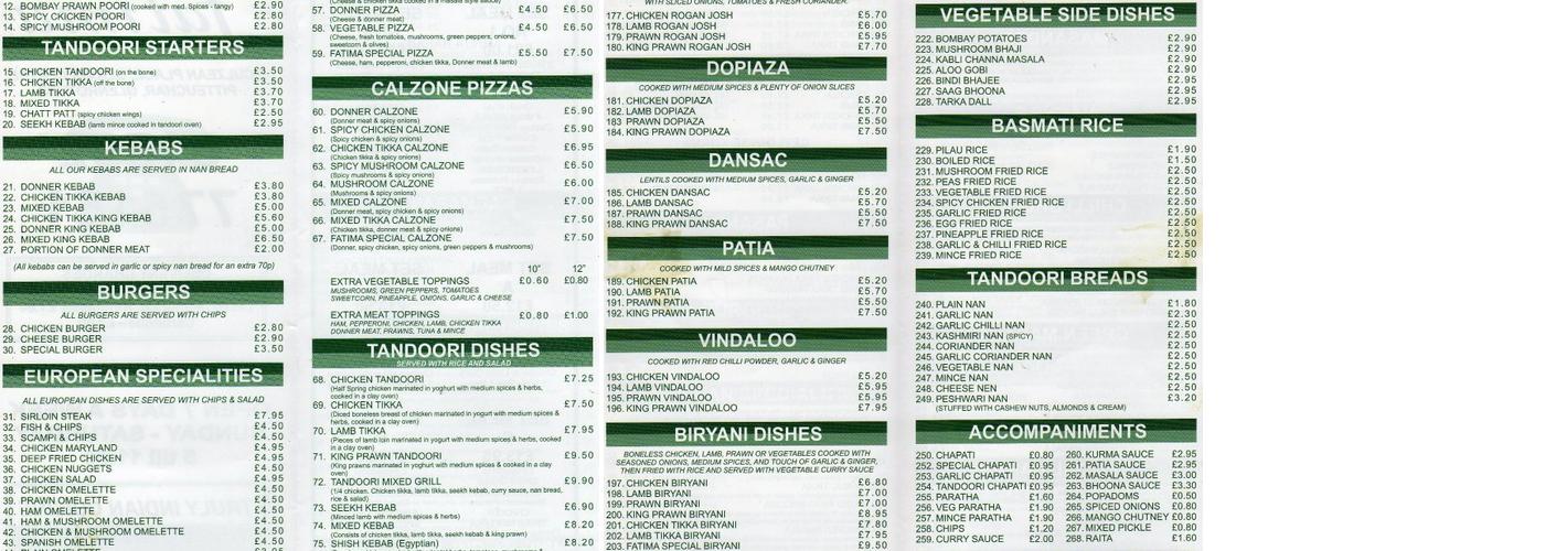 Fatima Indian Cuisine Menu