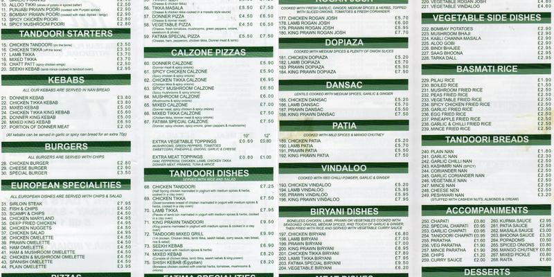 Fatima Indian Cuisine Menu