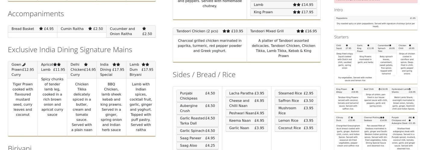 India Dining Menu