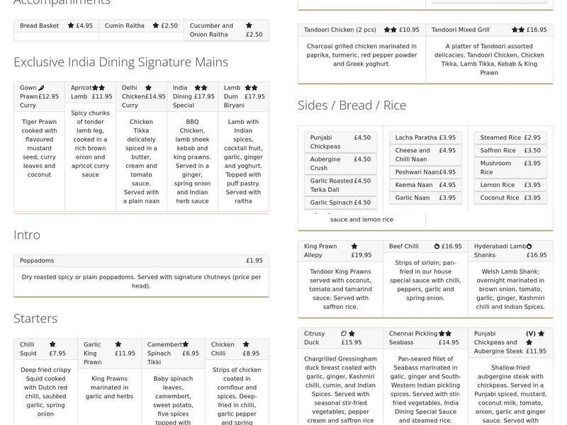 India Dining Menu