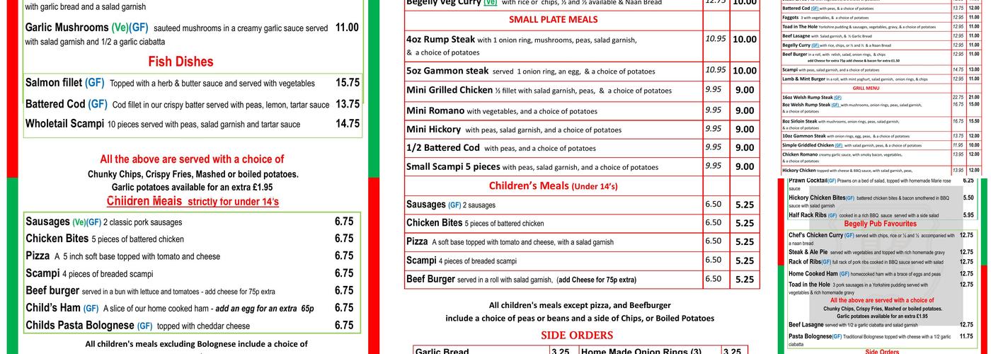 Begelly Arms Hotel Menu