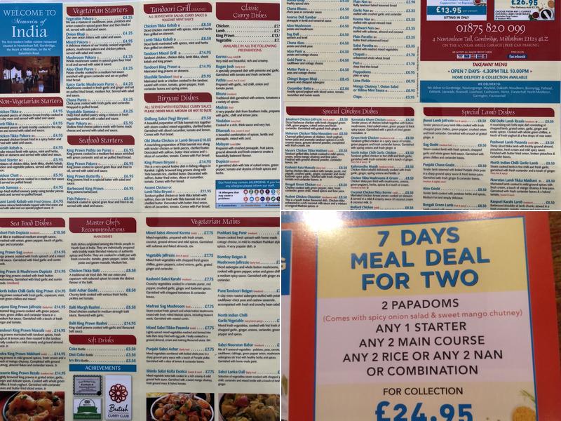 Memories of India Menu