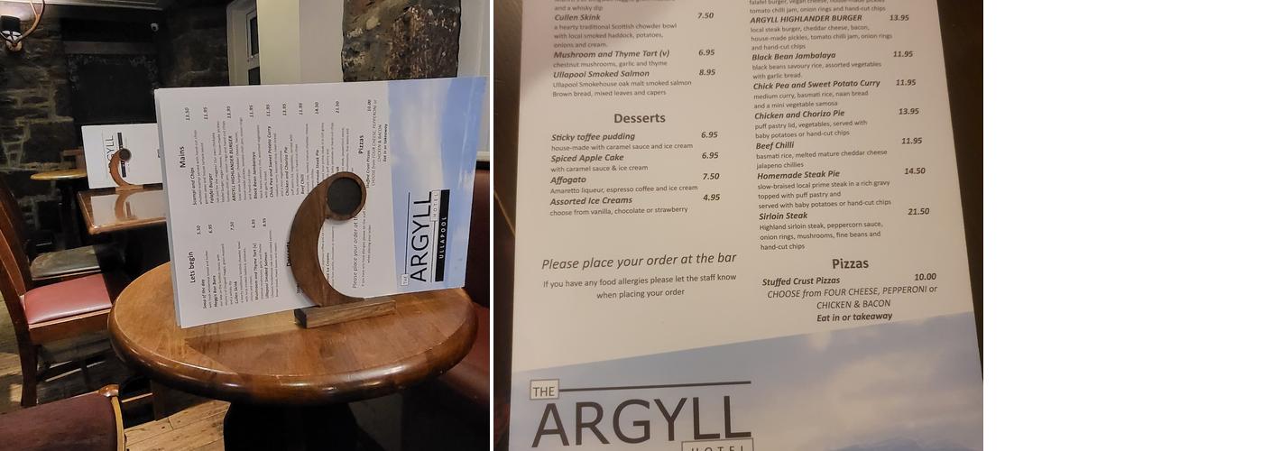 Argyll Hotel Menu