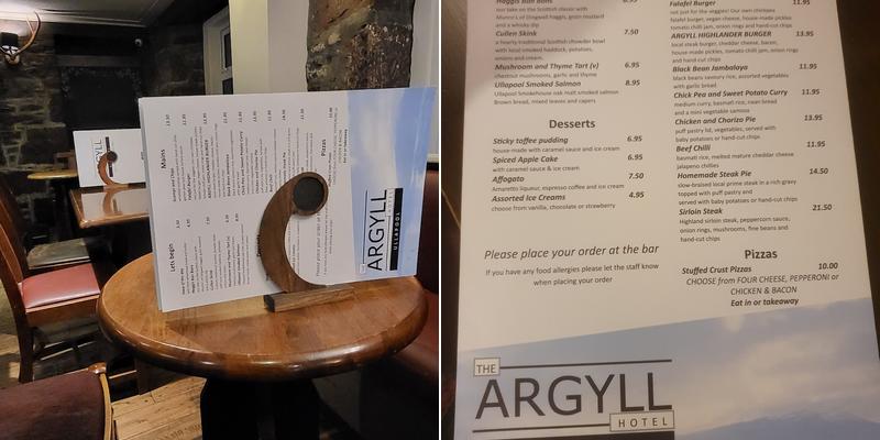 Argyll Hotel Menu