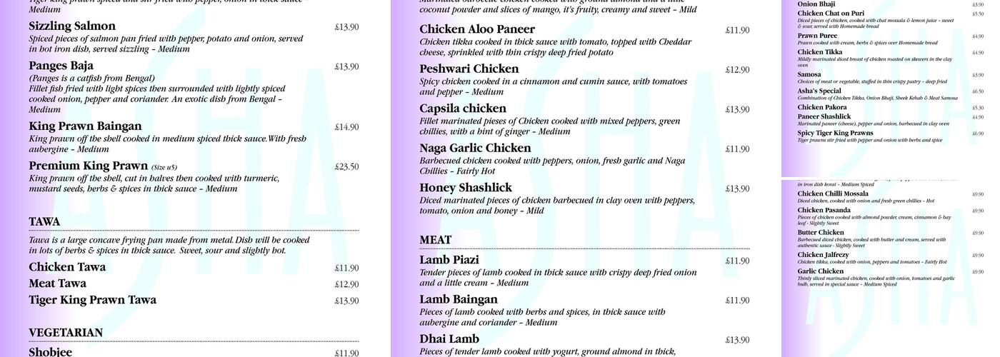 Asha Indian Restaurant Menu