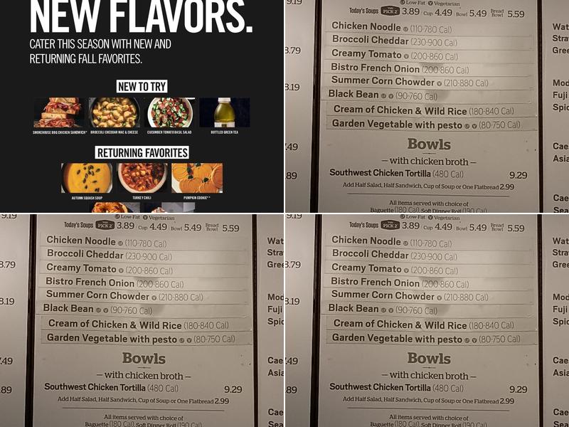Panera Bread Menu