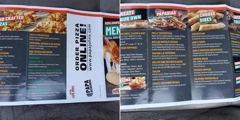 Papa Johns Pizza Menu
