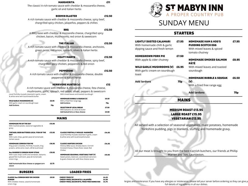 The St Mabyn Inn Menu