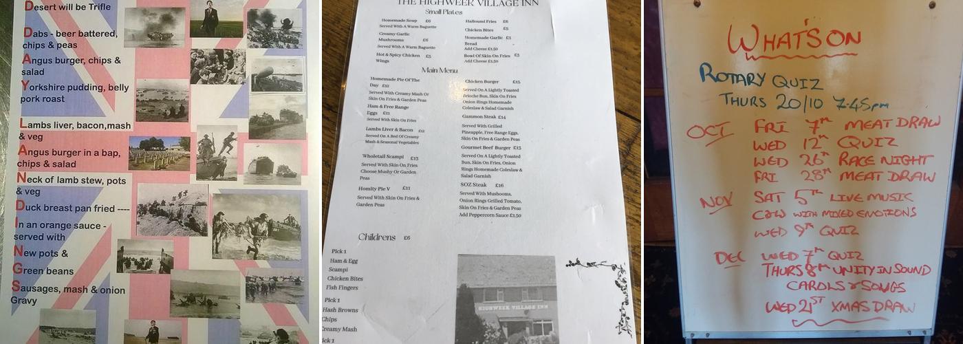 The Highweek Village Inn Menu