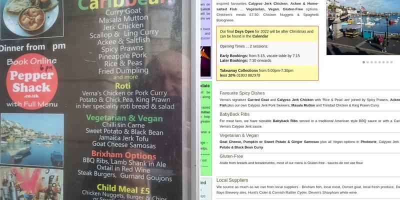 Verna's Pepper Shack Takeaway Menu