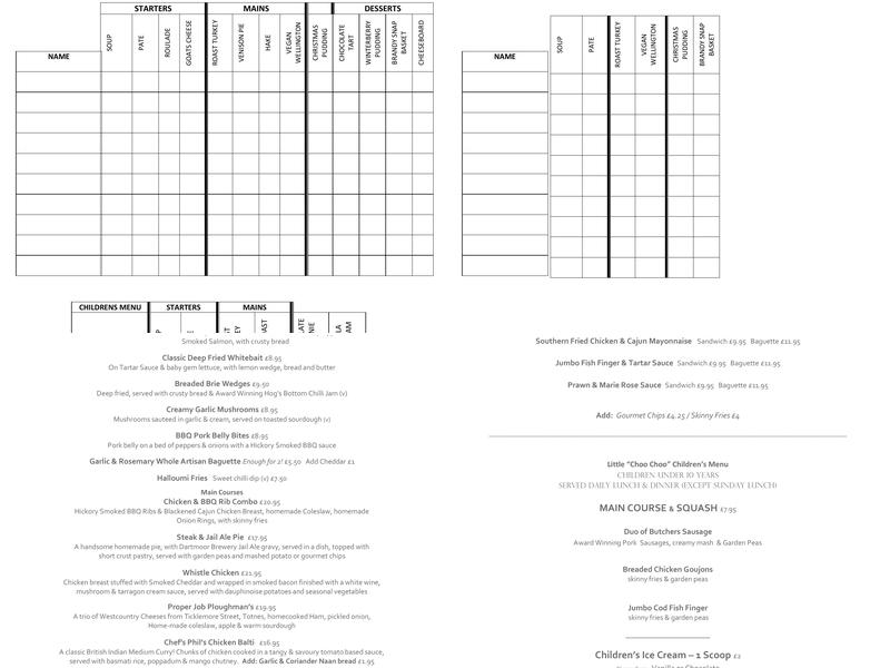 The Railway Inn Menu