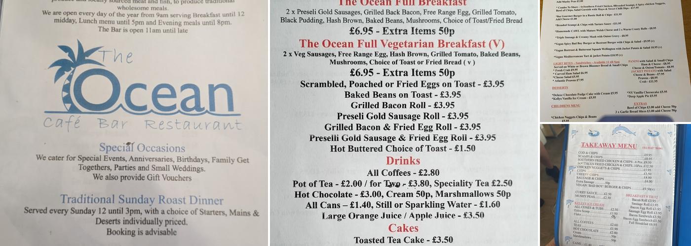 The Ocean Cafe Bar & Restaurant Menu