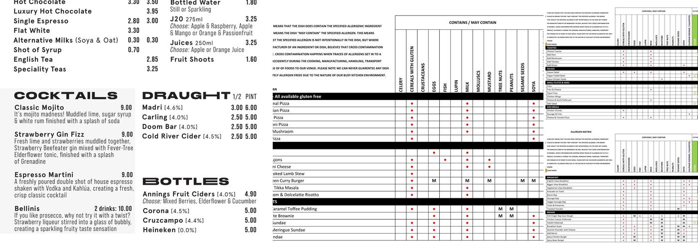 The View Bar & Cafe Menu
