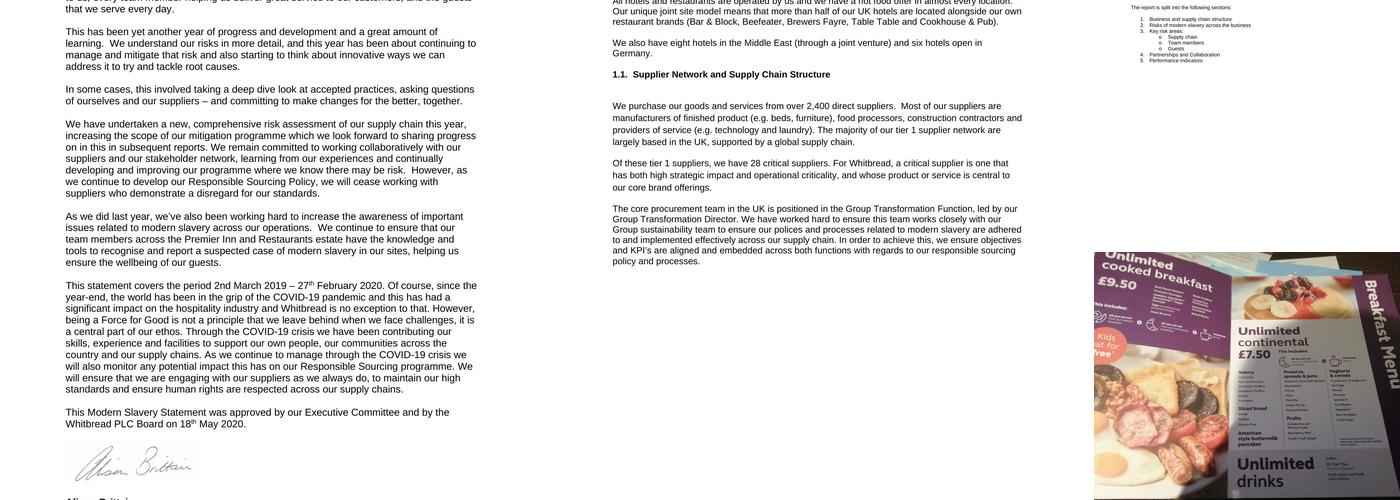 Premier Inn Penrith hotel Menu