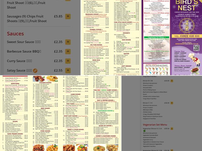 Birds Nest Chinese Restaurant & Take Away Tavistock Menu