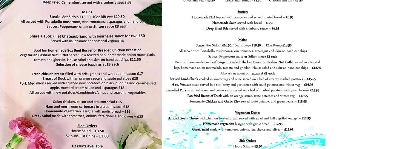The Boot Inn Menu