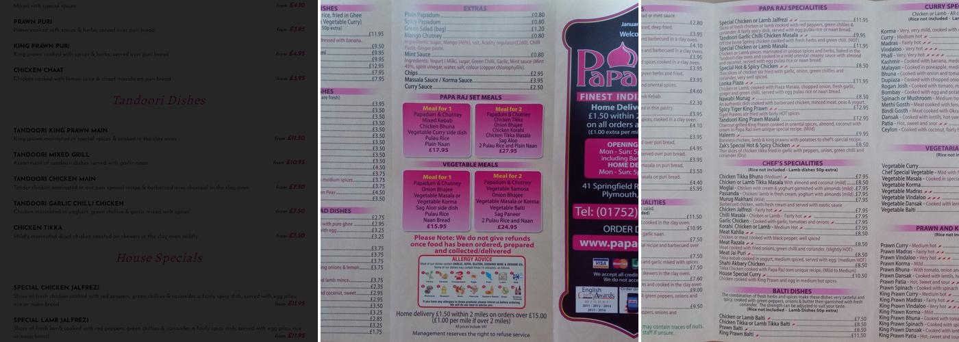 Papa Raj Menu