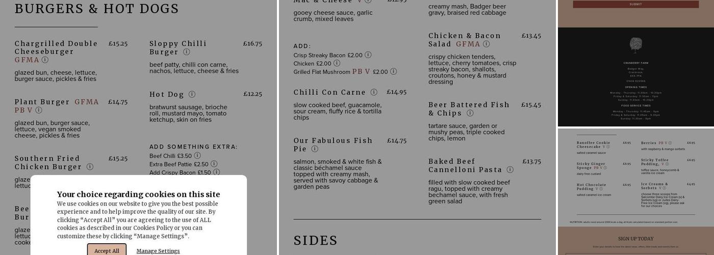 Cranberry Farm Pub & Restaurant, Cranbrook Menu