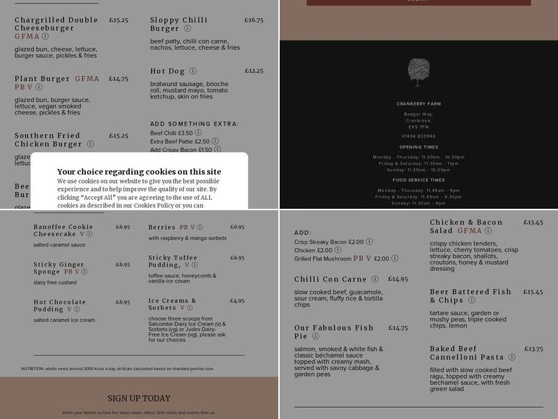 Cranberry Farm Pub & Restaurant, Cranbrook Menu