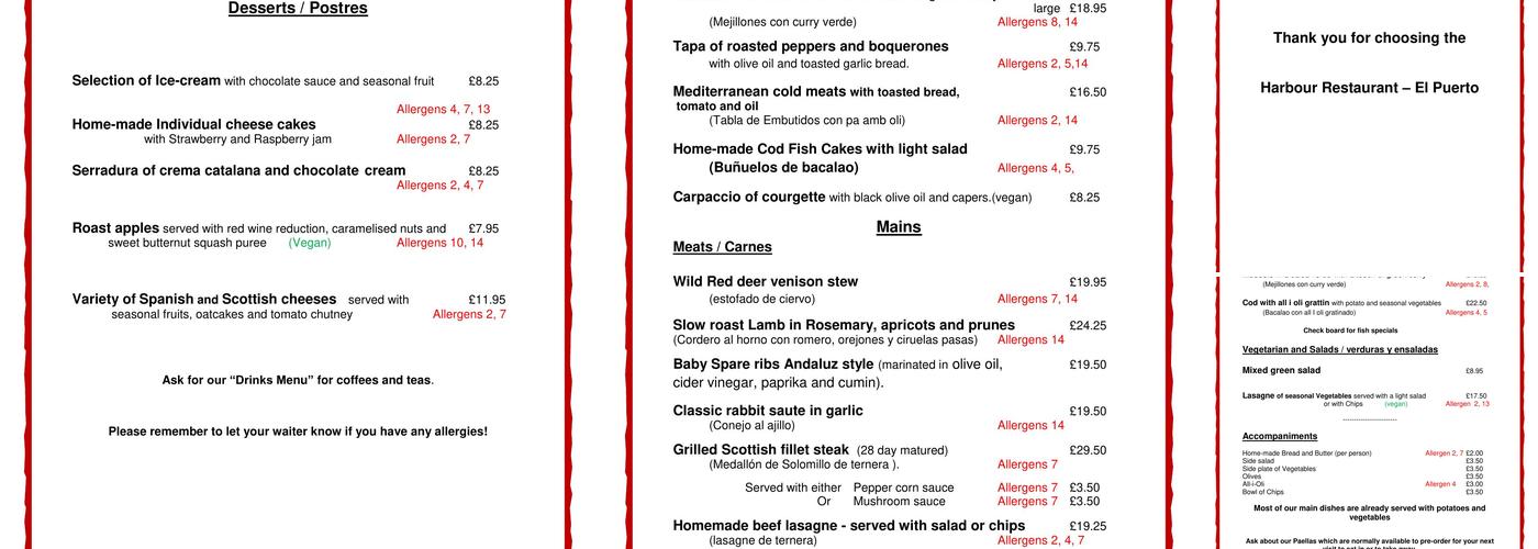 Harbour Restaurant Menu