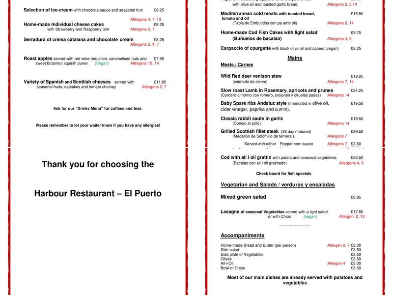 Harbour Restaurant Menu