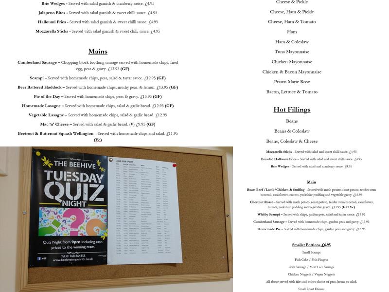 The Beehive Inn - Penrith Menu