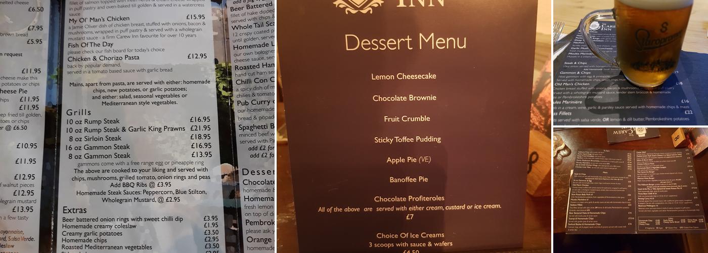 Carew Inn Ltd Menu