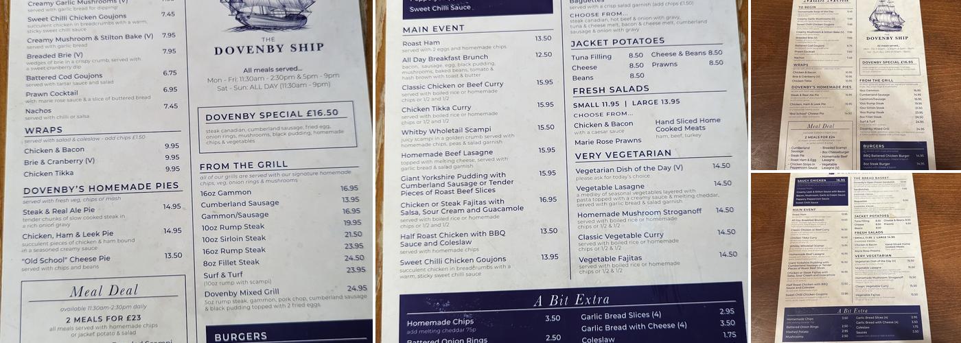 The Dovenby Ship Menu