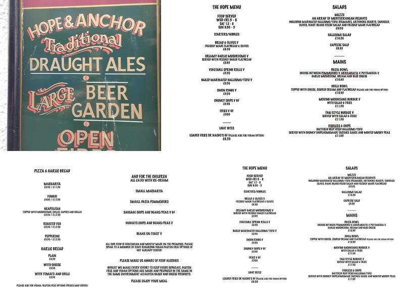 Hope & Anchor Menu