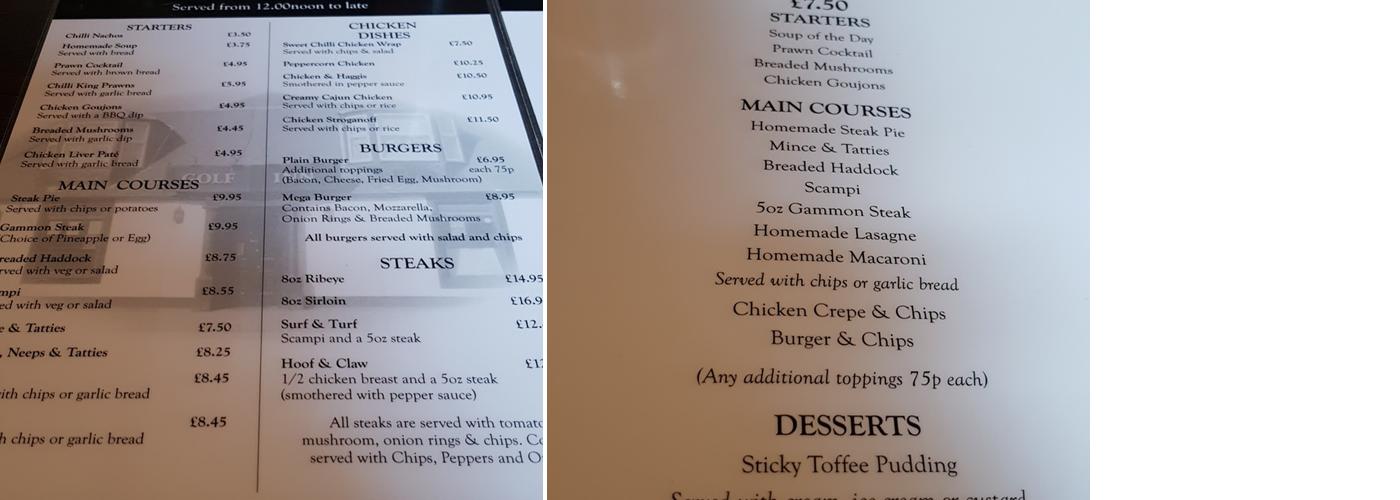 The Golf Inn Menu