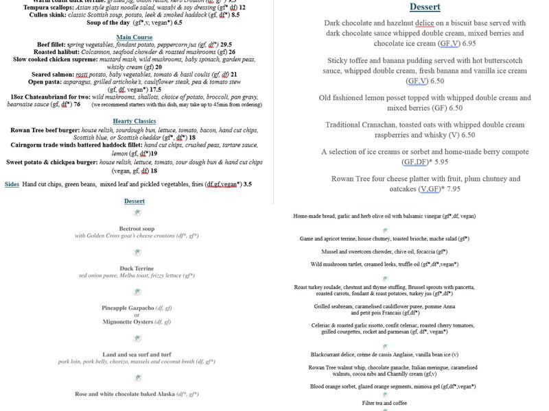 Rowan Tree Country Hotel & Restaurant Menu