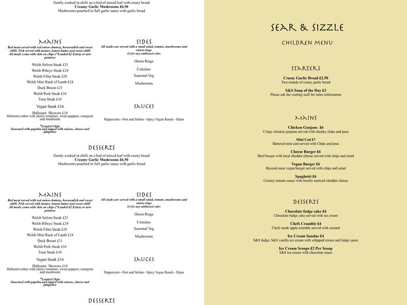 Flambards Hotel Sear & Sizzle Menu