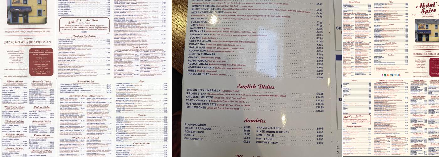 Abdul's Tandoori Spice Menu