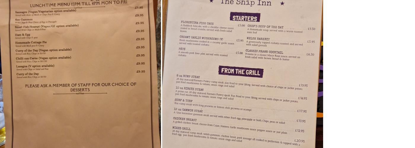 The Ship Inn Menu