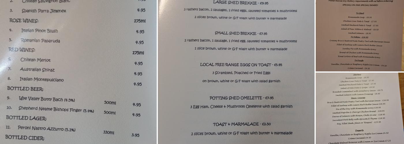 The Potting Shed Whitchurch Menu