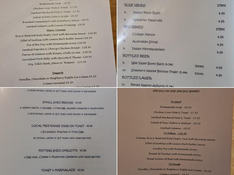 The Potting Shed Whitchurch Menu