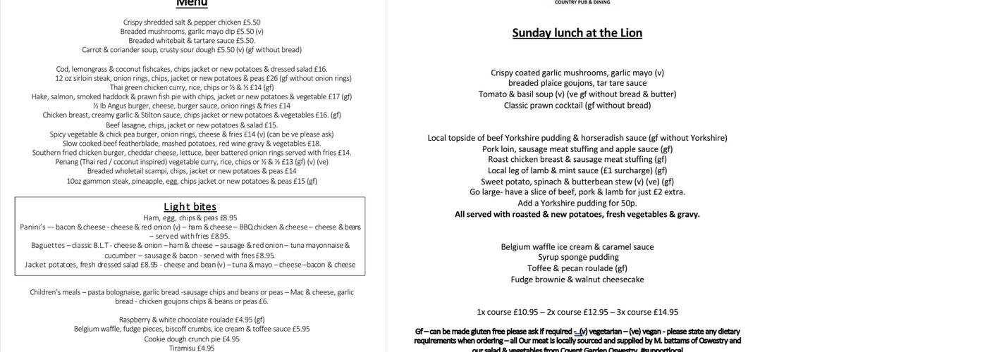 The White Lion Menu